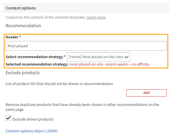 Defining the content for the recommendation modification